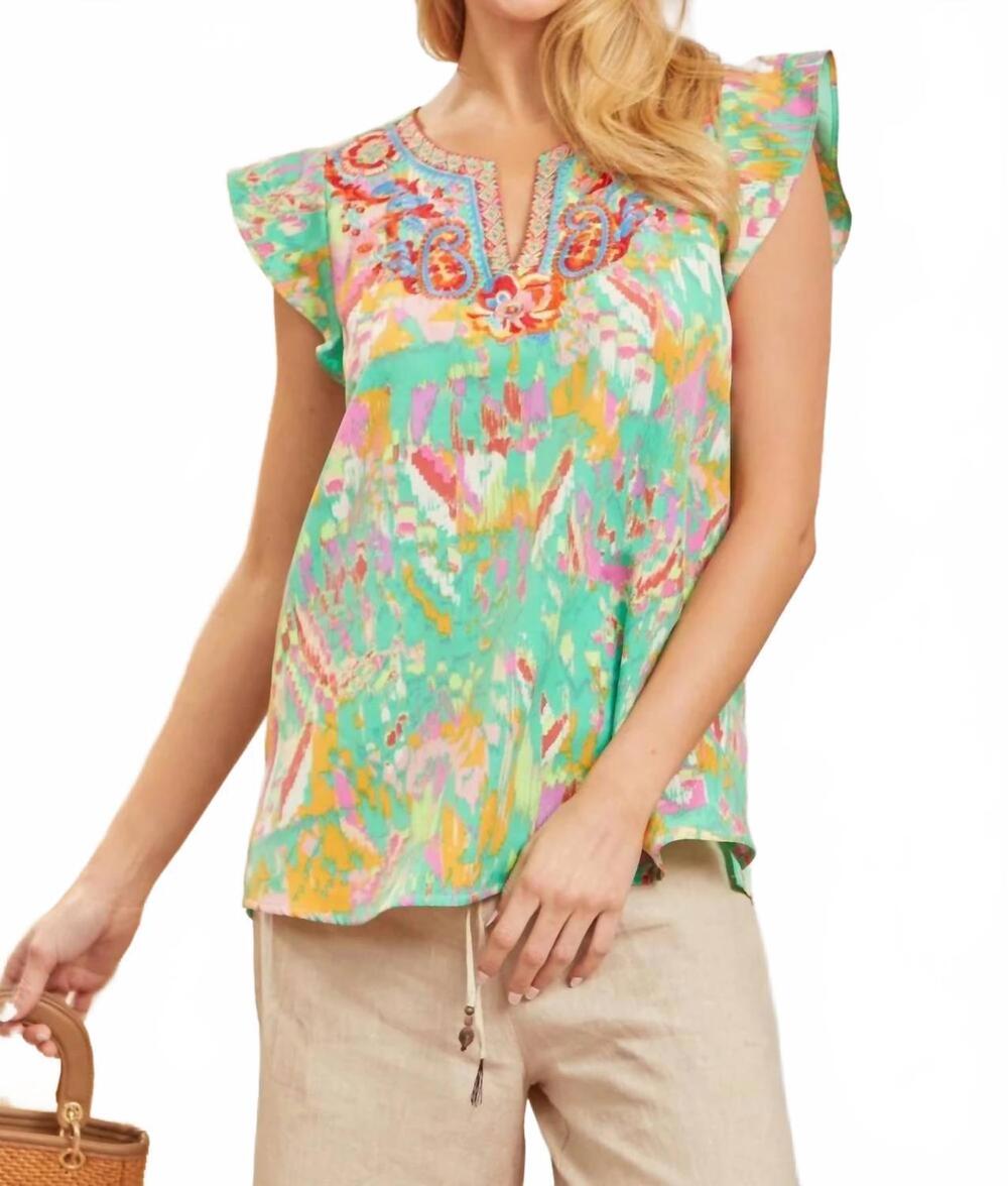 NEW ANDREE BY UNIT fluttering charm split-neck top in emerald